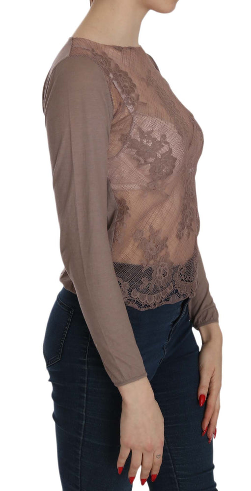 PINK MEMORIES Brown Lace See Through Long Sleeve Top