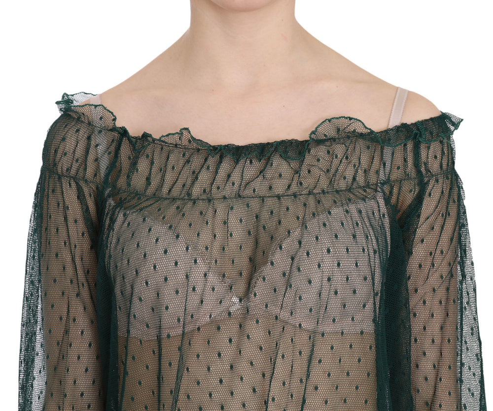 PINK MEMORIES Green Mesh See Through Long Sleeve Top Blouse