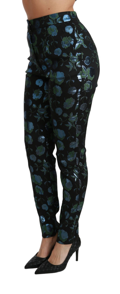 Dolce & Gabbana Blue Green Floral Metallic Slim Pants