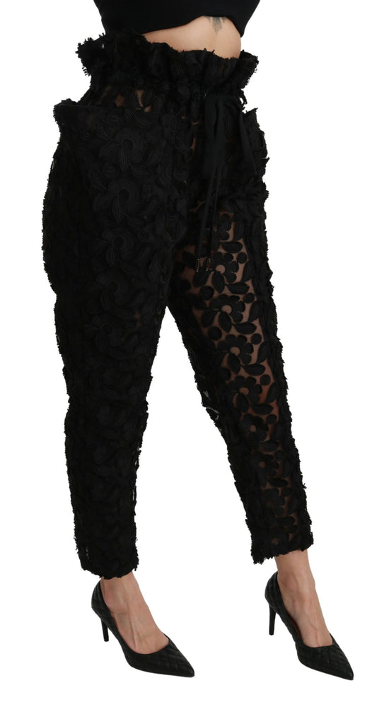 Dolce & Gabbana Black Floral Lace Tapered High Waist Pants
