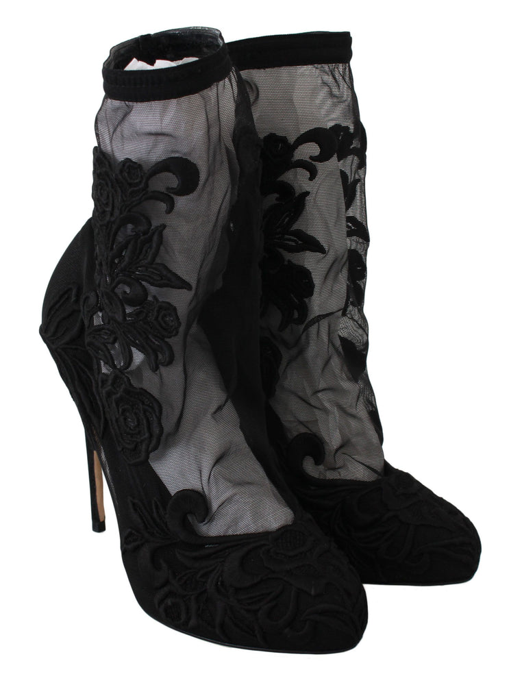 Dolce & Gabbana Black Roses Stilettos Booties Socks Shoes