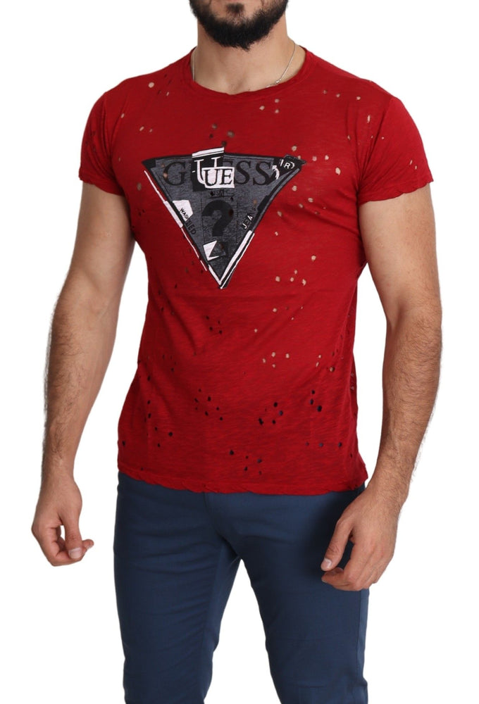 Guess Red Cotton Logo Print Men Casual Top Perforated T-shirt
