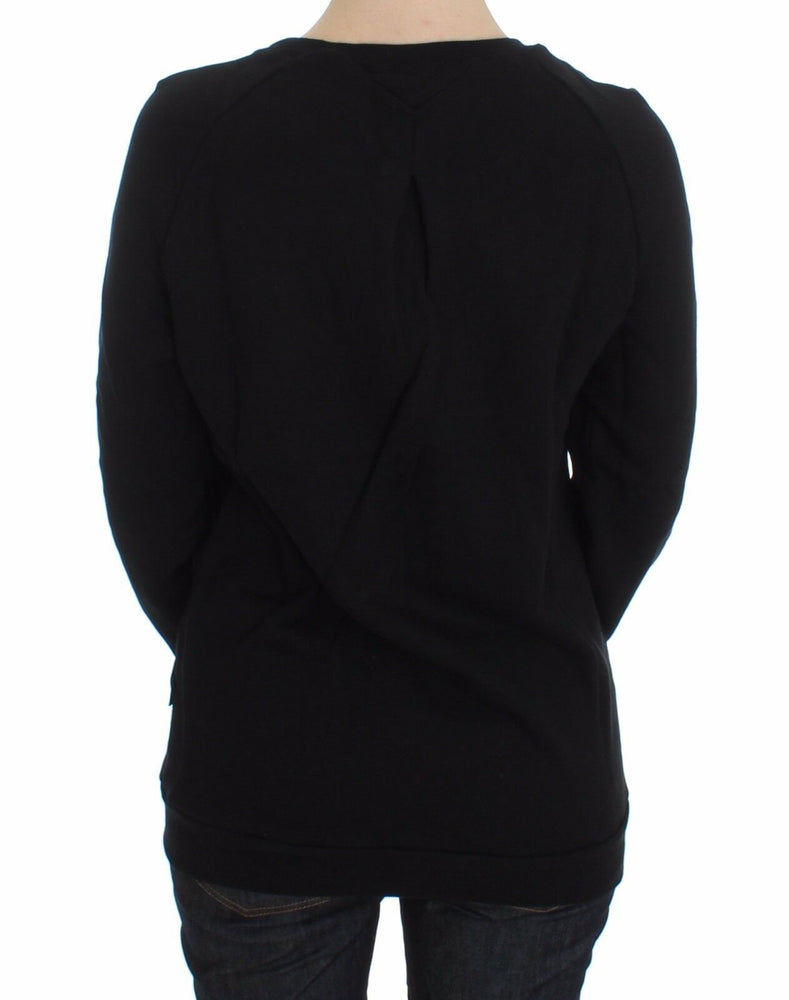 Exte Black Cotton Motive Print Crewneck Pullover Sweater
