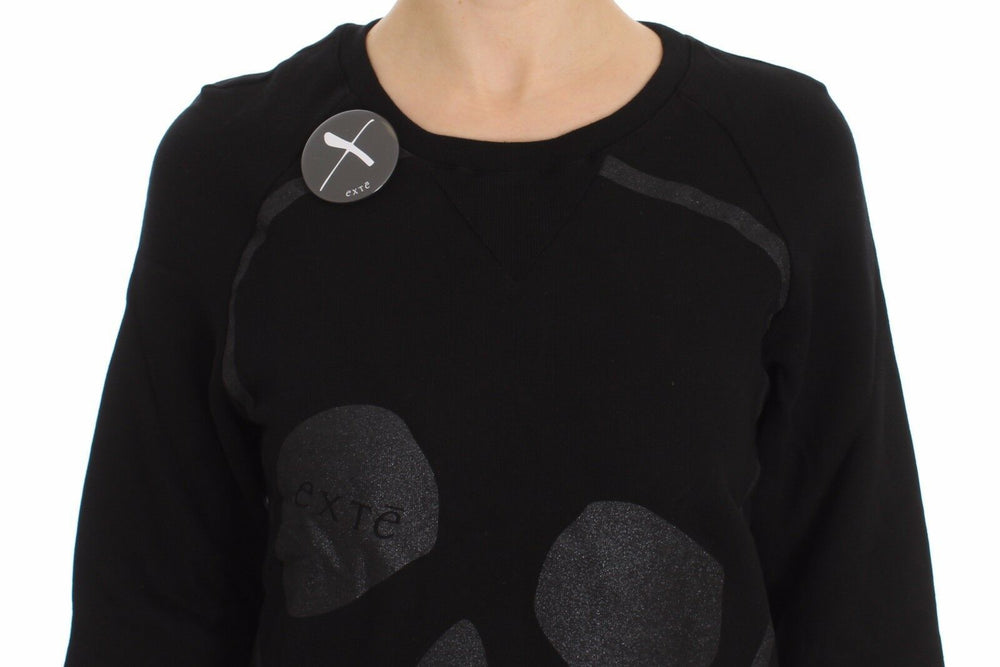 Exte Black Cotton Motive Print Crewneck Pullover Sweater