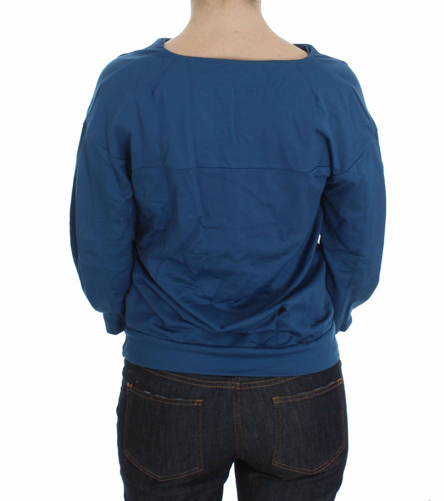 Exte Blue Cotton Top Pullover Deep V-neck Women Sweater