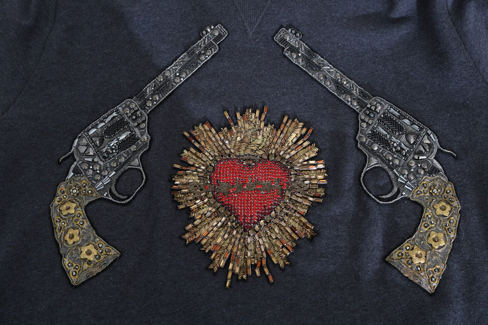Dolce & Gabbana Gray Hooded Red Crystal Heart Gun Sweater