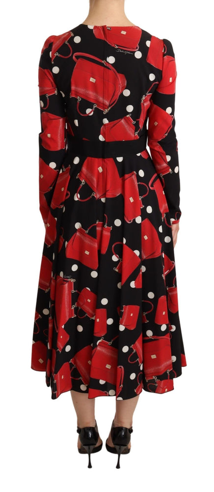 Dolce & Gabbana Black Sicily Bag Print Flared Midi Dress