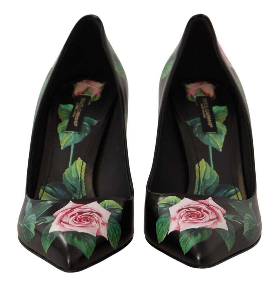 Dolce & Gabbana Black Leather Roses High Heels Pumps Shoes