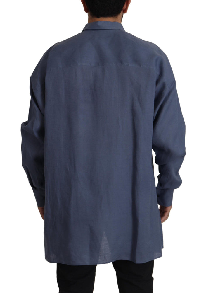 Dolce & Gabbana Dark Blue Linen Slim Fit Dress Formal Men Shirt