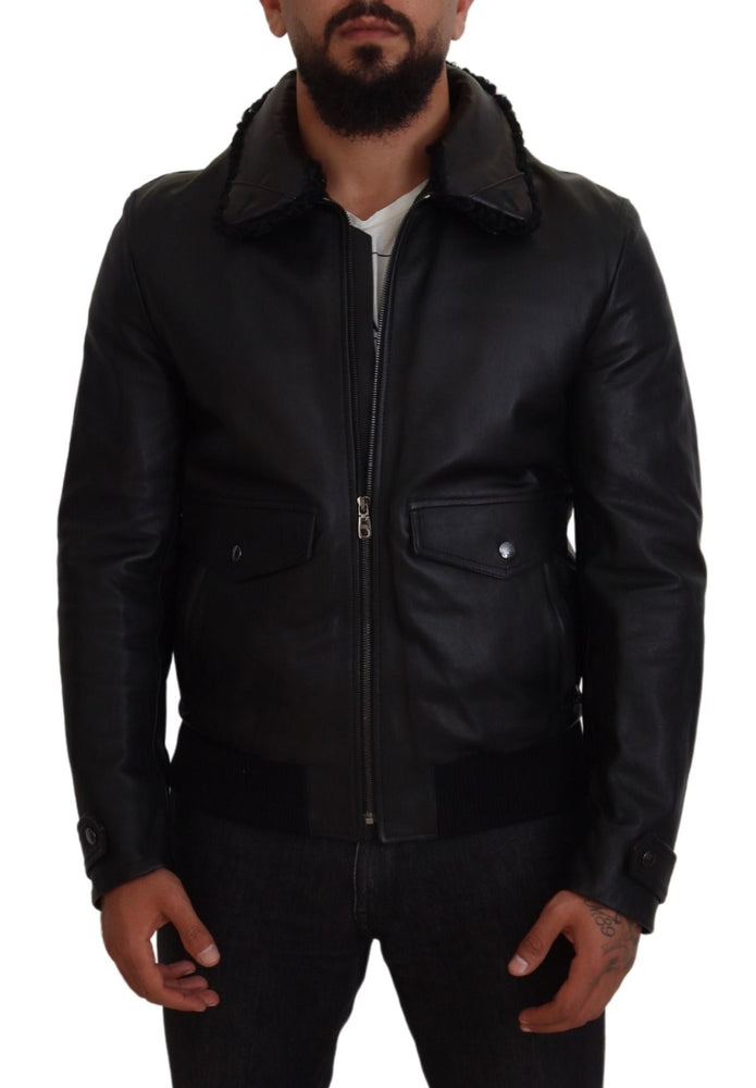 Dolce & Gabbana Black Lamb Leather Collared Men Coat Jacket