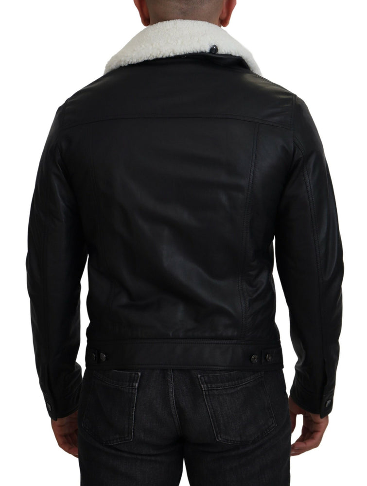 Dolce & Gabbana Black Lamb Leather Collared Men Coat Jacket