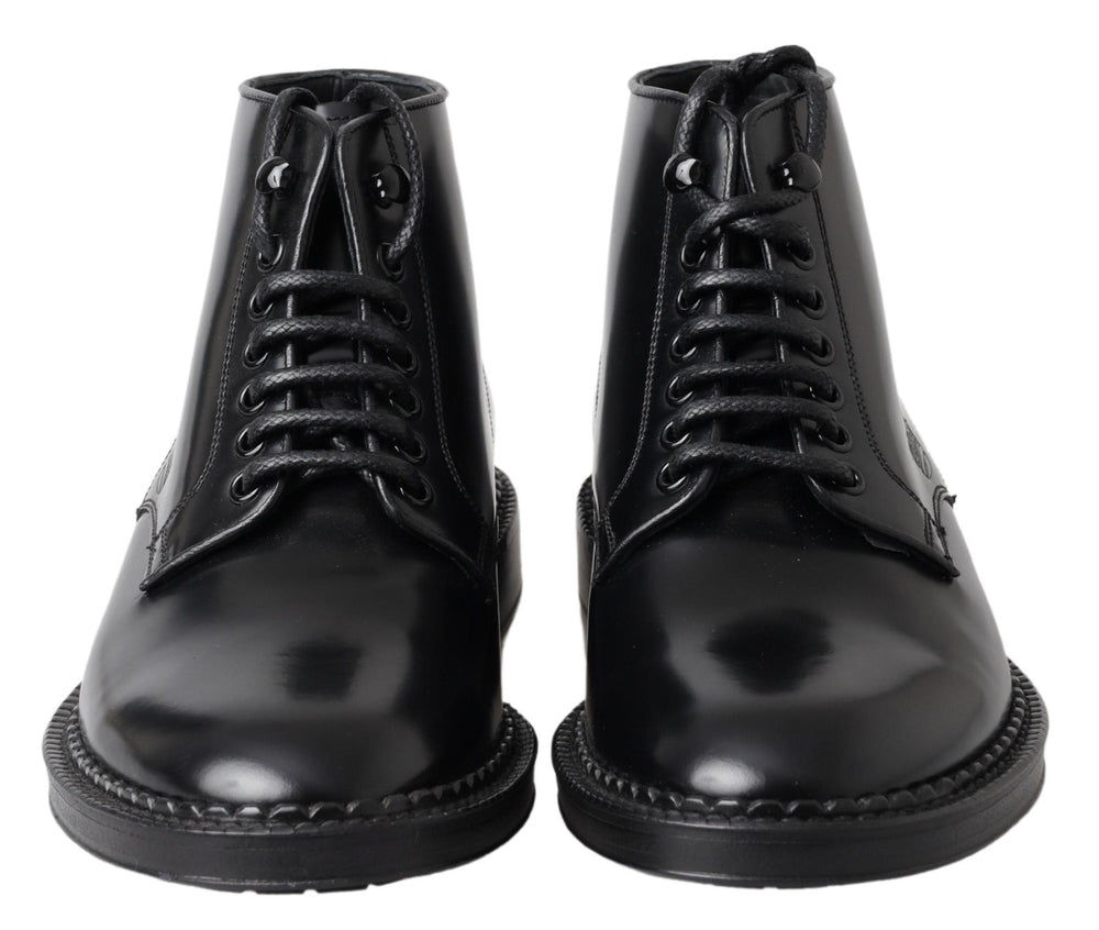 Dolce & Gabbana Black Leather Men Short Boots Lace Up Shoes