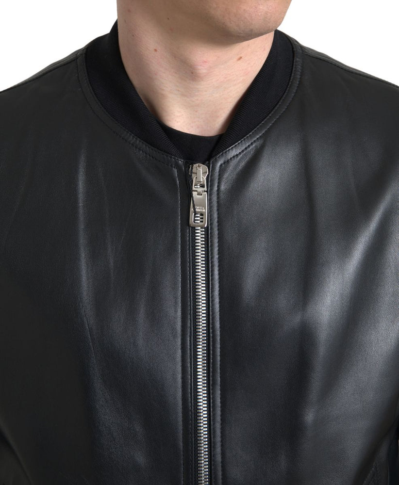 Dolce & Gabbana Black Leather Full Zip Bomber Men Jacket