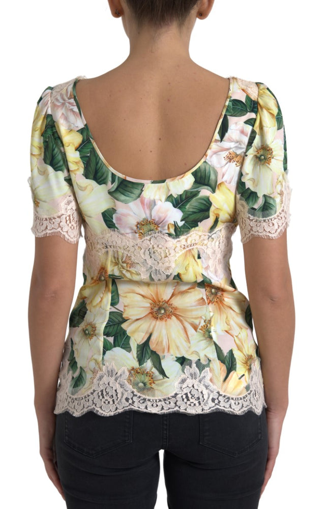 Dolce & Gabbana Multicolor Floral Lace V Neck Blouse