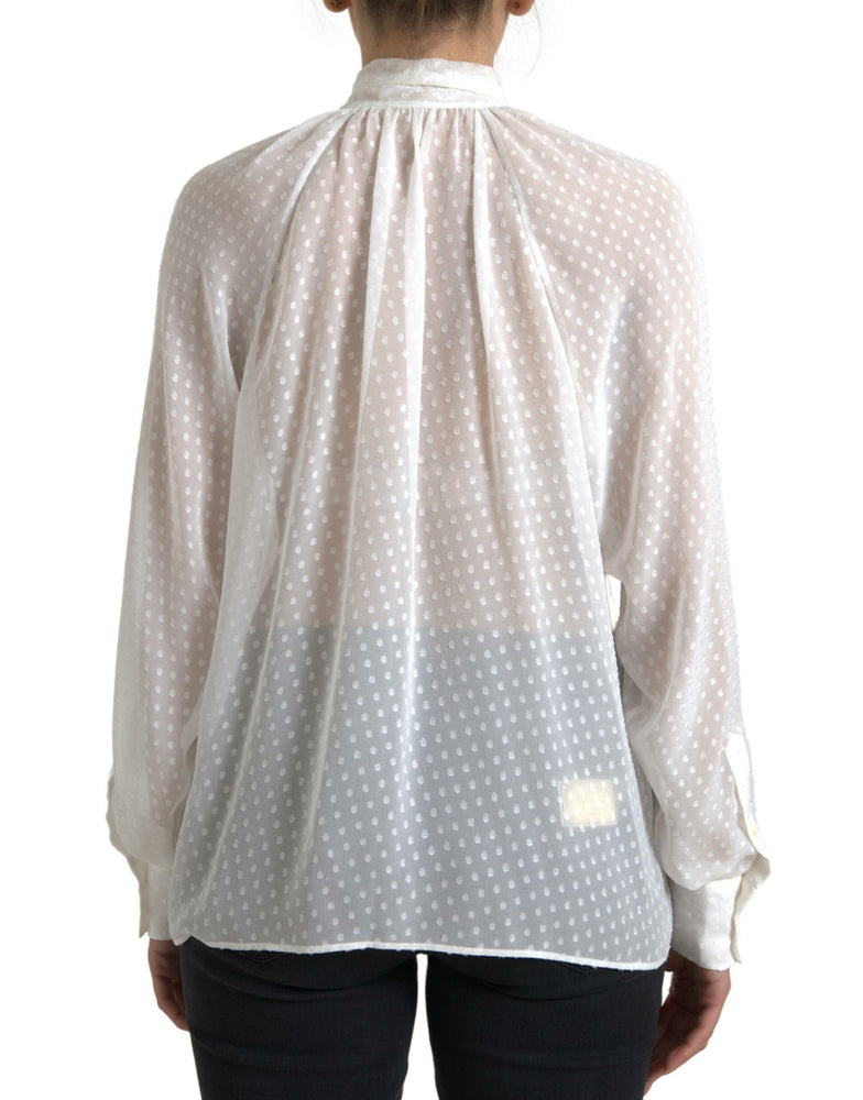 Dolce & Gabbana White Silk Sheer Tied Neck Polka Dots Blouse