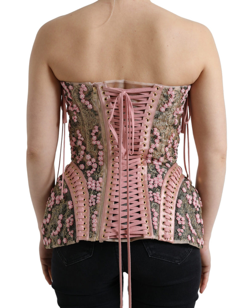 Dolce & Gabbana Pink Floral Applique Bustier Corset Top
