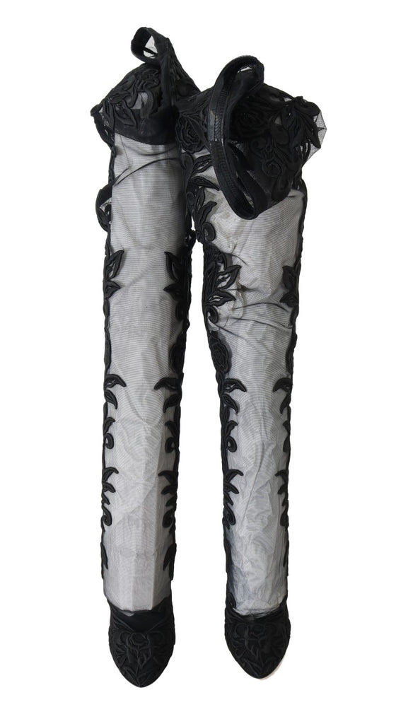 Dolce & Gabbana Black Floral Embroidered Socks Boots