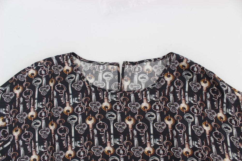 Dolce & Gabbana Gray Gold Key Print Silk Blouse T-shirt