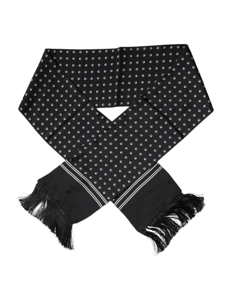 Dolce & Gabbana Black White Polka Dotted Silk Skinny Fringes Scarf