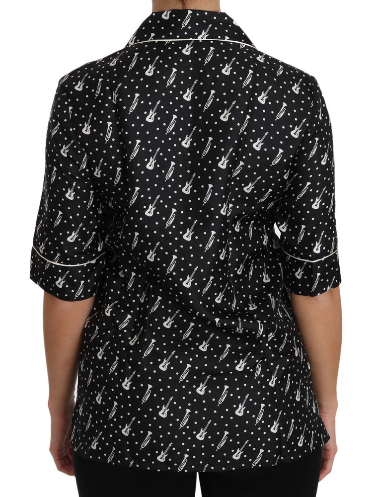 Dolce & Gabbana Black GuitarTrumpet Print Silk Shirt Top