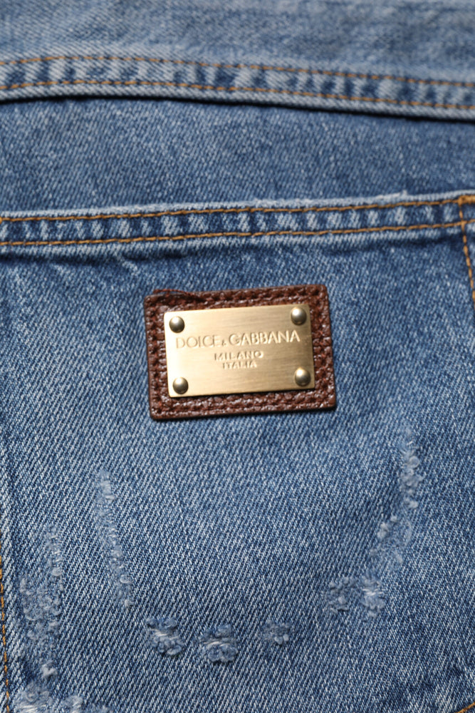Dolce & Gabbana Blue Tattered Cotton Straight Denim Jeans