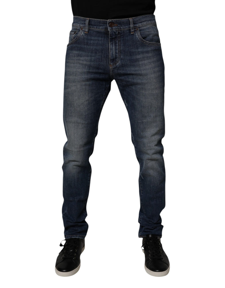 Dolce & Gabbana Dark Blue Cotton Leather Skinny Denim Jeans