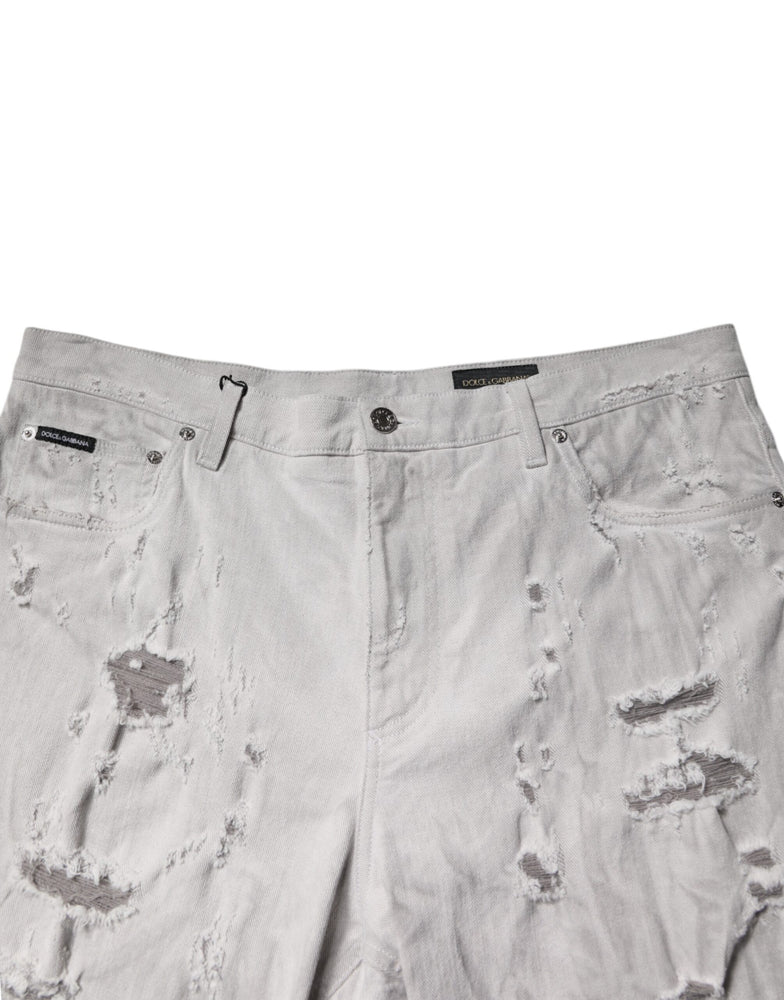 Dolce & Gabbana Light Gray Tattered Men Denim Bermuda Shorts