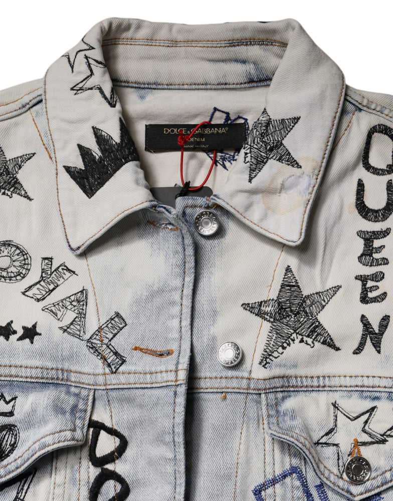 Dolce & Gabbana Light Blue Graffiti Button Down Denim Jacket