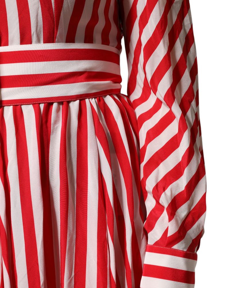 Dolce & Gabbana White Red Stripes Long Sleeves Midi Dress