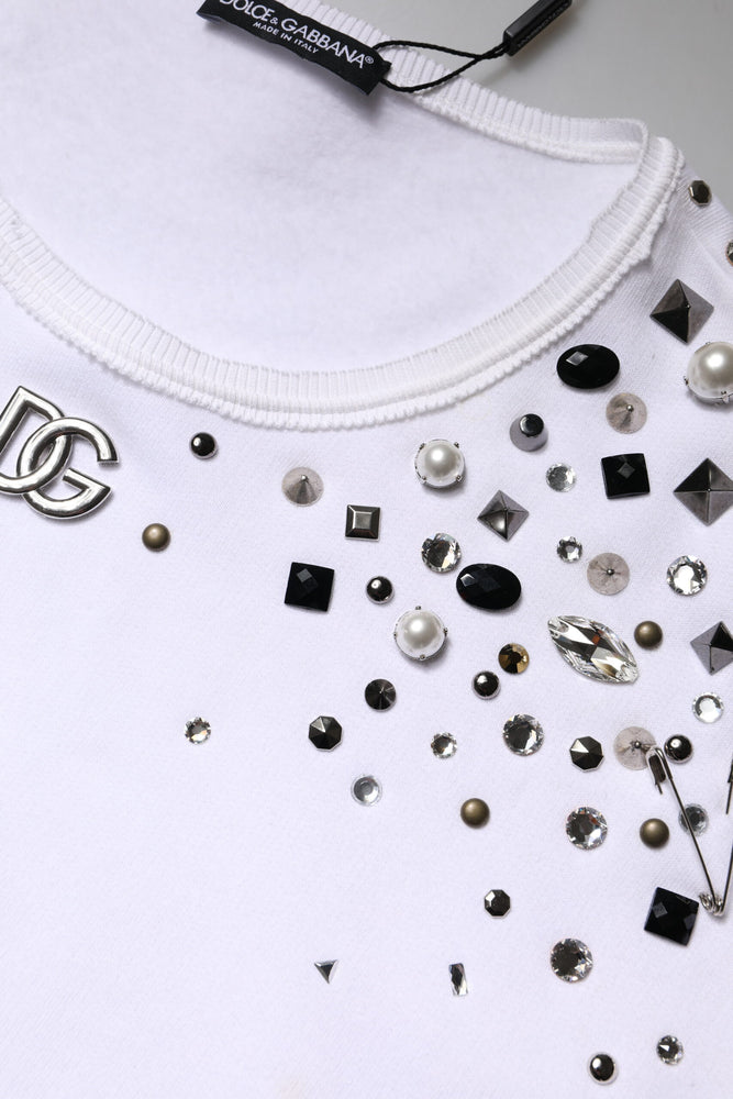 Dolce & Gabbana White Embellished Long Sleeve Cropped Sweater