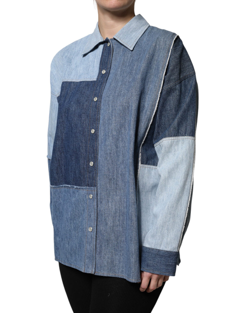 Dolce & Gabbana Blue Cotton Button Up Collared Long Sleeve Top