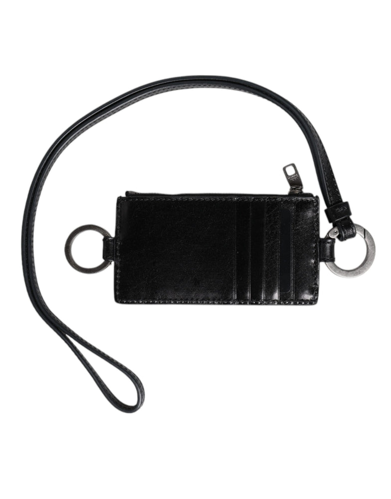 Dolce & Gabbana Black Leather Logo Embossed Lanyard Card Holder Wallet