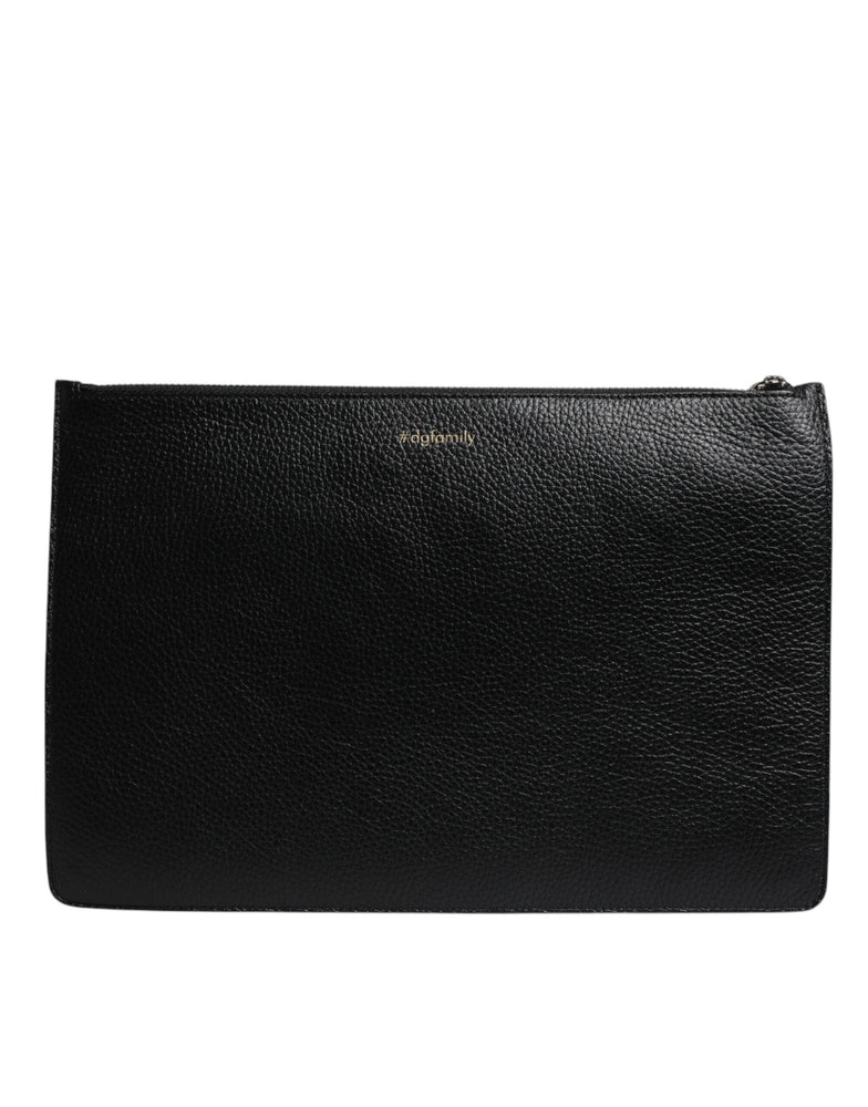 Dolce & Gabbana Black Leather #DGFAMILY Embellished Men Zip Pouch Bag