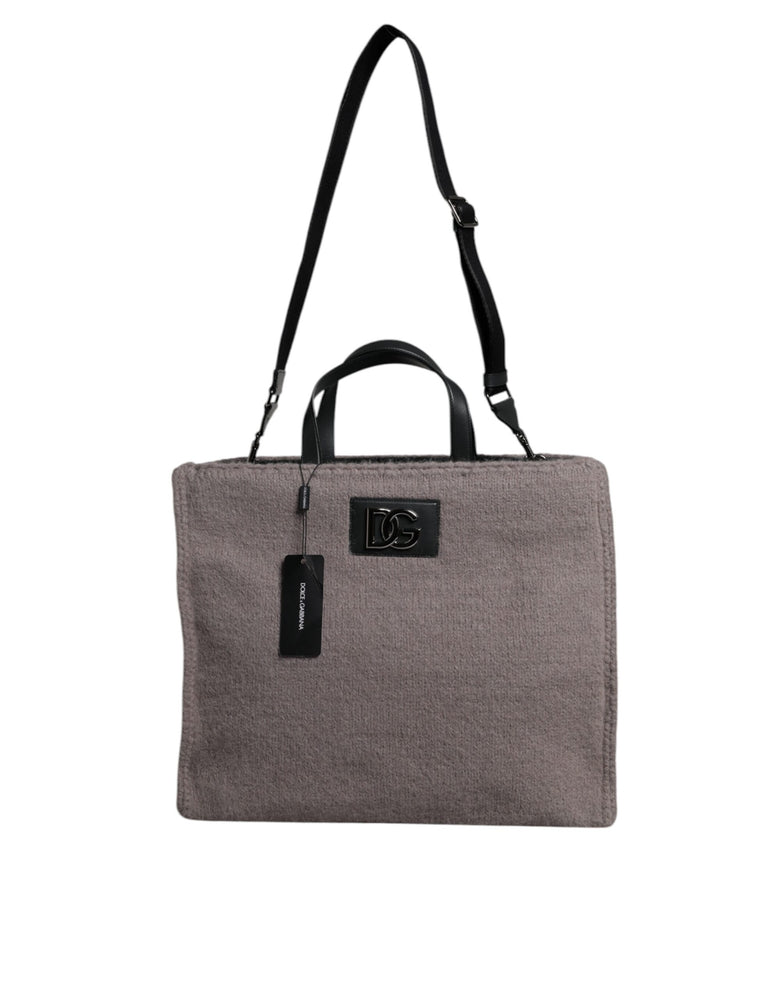 Dolce & Gabbana Grey Alpaca Wool Logo Plaque Tote Shoulder Bag