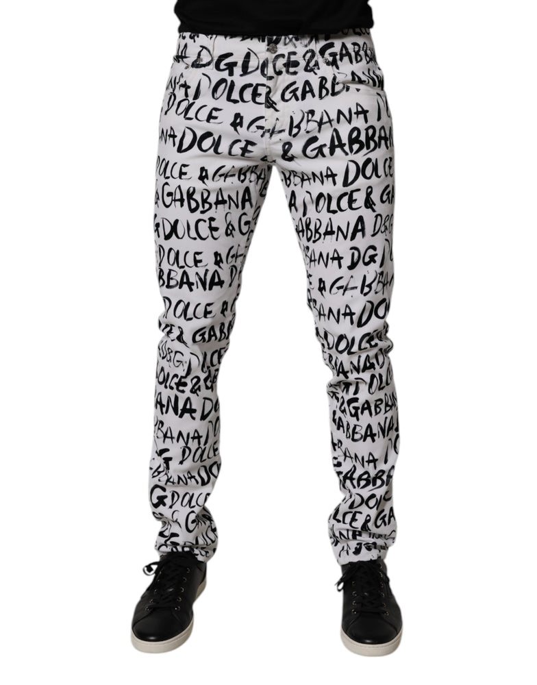 Dolce & Gabbana White Cotton Logo Print Skinny Denim Jeans