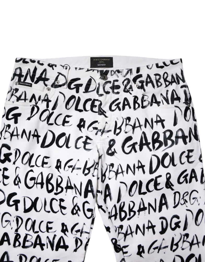 Dolce & Gabbana White Cotton Logo Print Skinny Denim Jeans