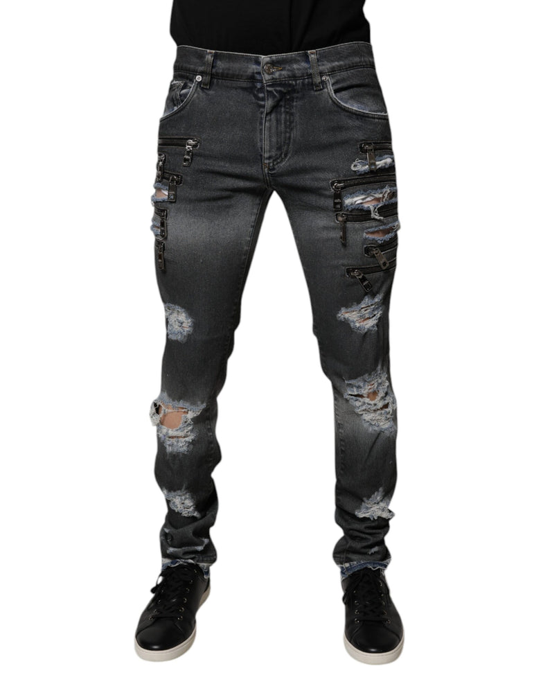 Dolce & Gabbana Dark Gray Tattered Cotton Skinny Denim Jeans