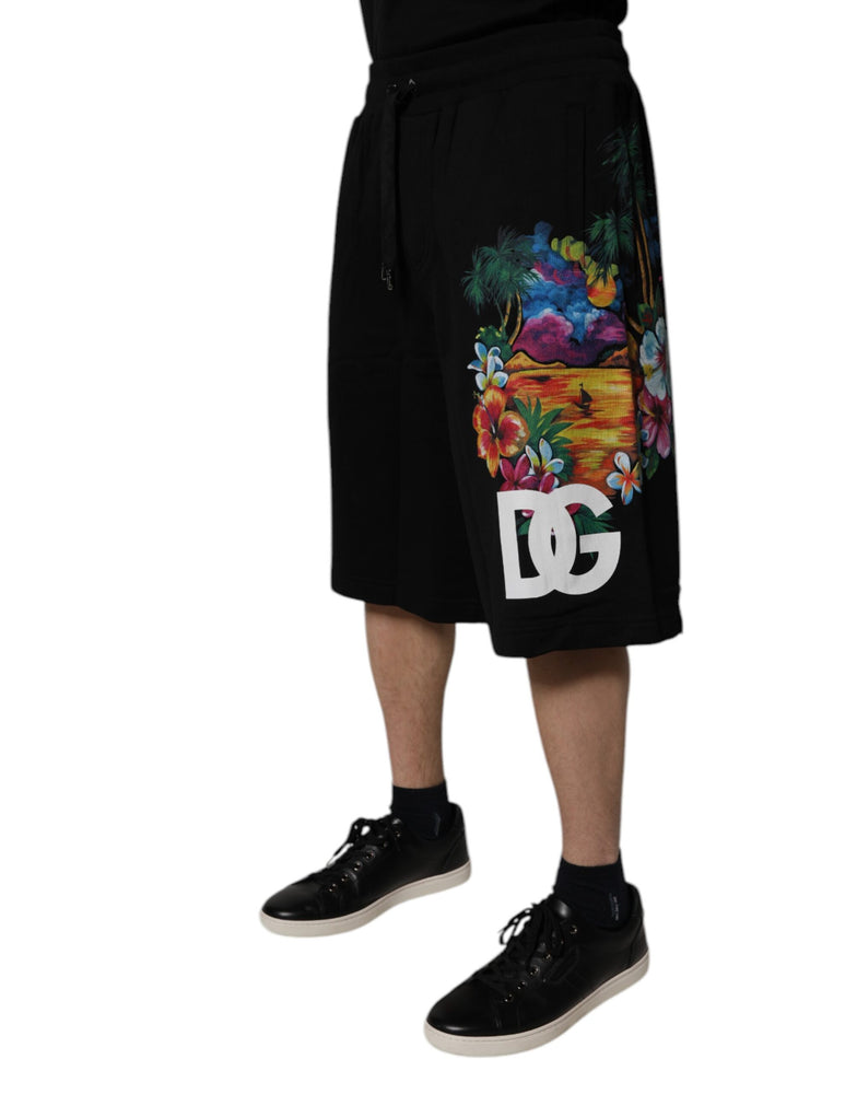Dolce & Gabbana Black Cotton Logo Floral Print Bermuda Shorts