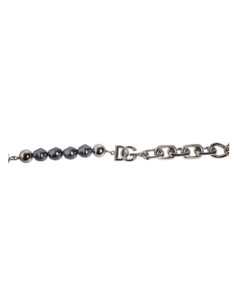 Dolce & Gabbana Silver Tone Chain Lobster Clasp Logo Gray Pearls Bracelet