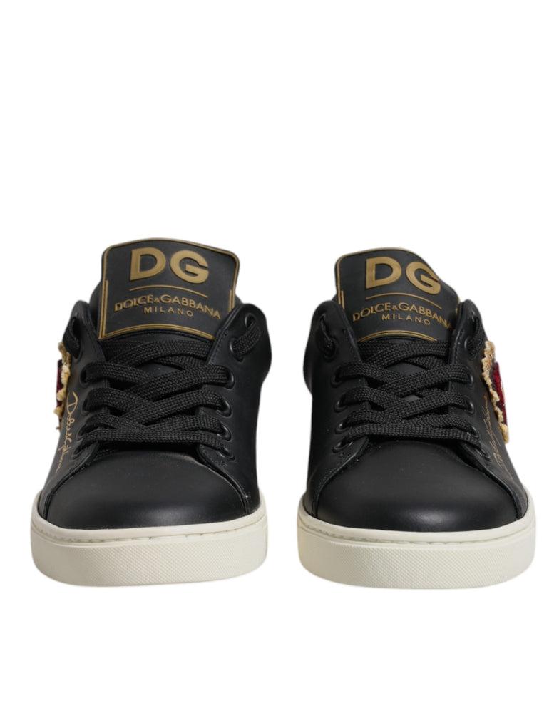 Dolce & Gabbana Black Leather Gold Red Heart Sneakers Shoes