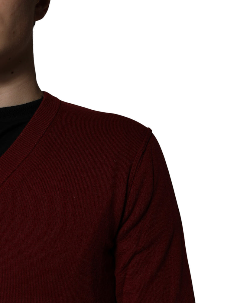 Dolce & Gabbana Maroon Cashmere V-neck Men Pullover Sweater