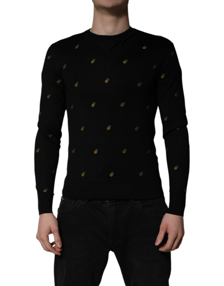 Dolce & Gabbana Black Pineapple Crew Neck Pullover Sweater