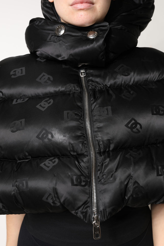 Dolce & Gabbana Black Padded Puffer Hooded Full Zip Cropped Jacket