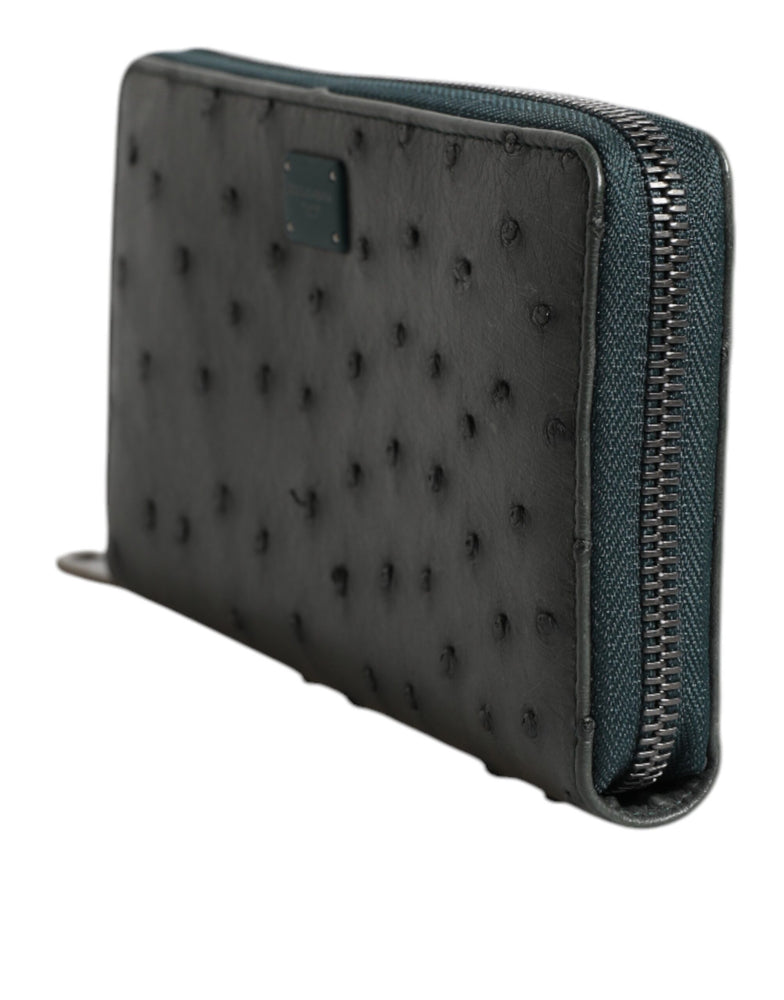 Dolce & Gabbana Green Ostrich Logo Plaque Zip Around Continental Wallet