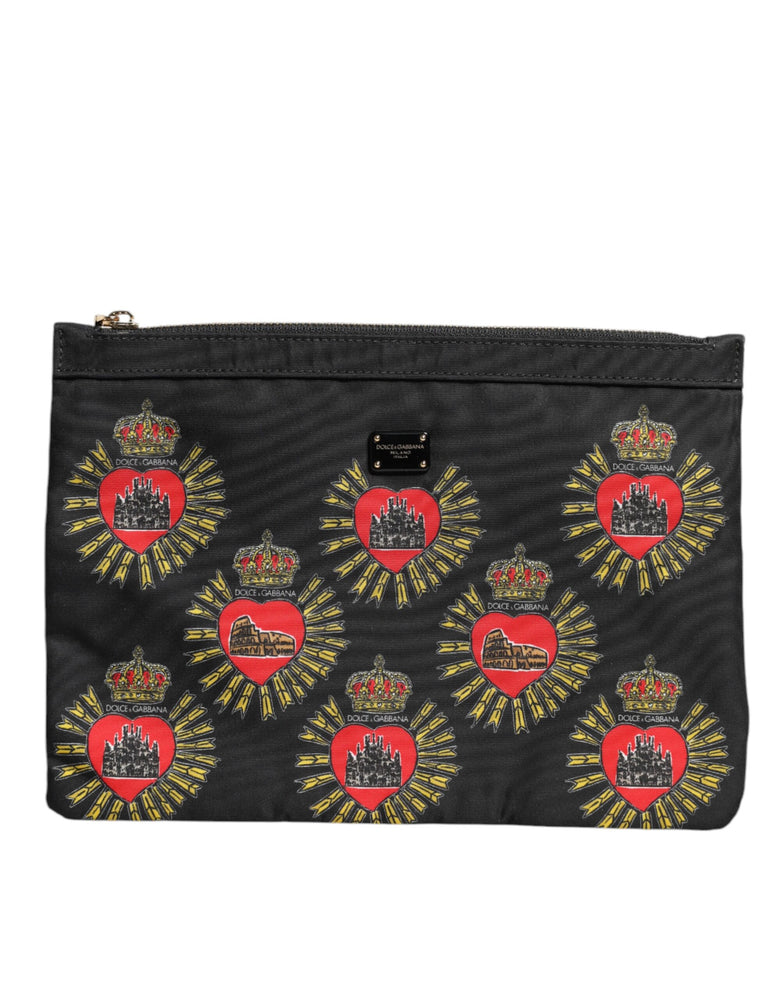 Dolce & Gabbana Black Red Nylon Sacred Heart Clutch Pouch Bag