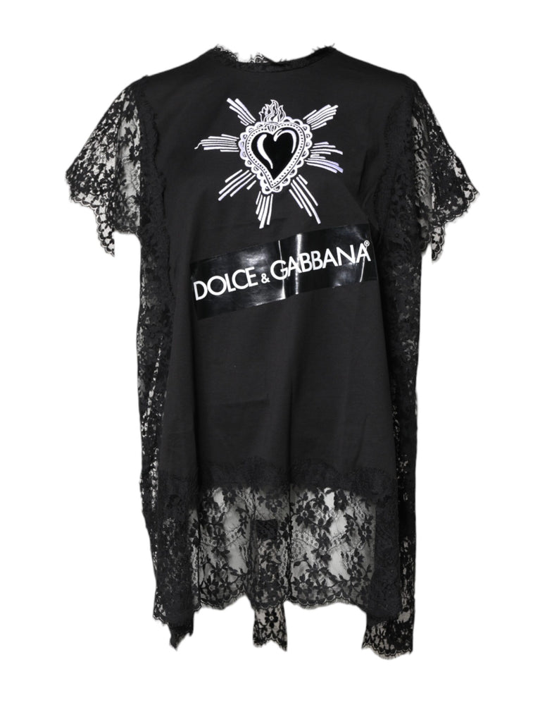 Dolce & Gabbana Black Lace Sheer Sacred Heart Crew Neck Top