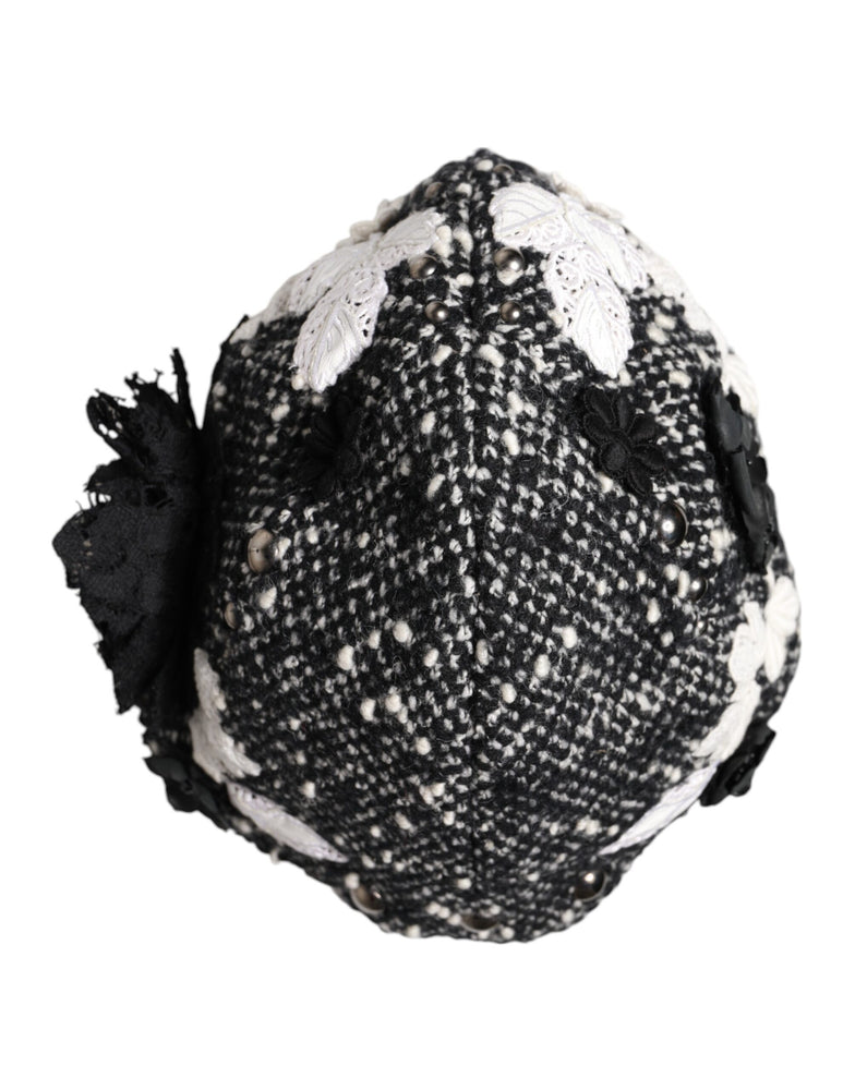 Dolce & Gabbana Black Wool White Floral Embellished Cloche Hat
