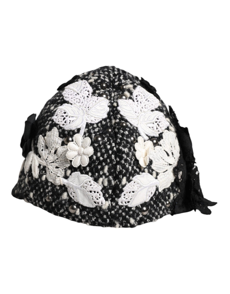 Dolce & Gabbana Black Wool White Floral Embellished Cloche Hat