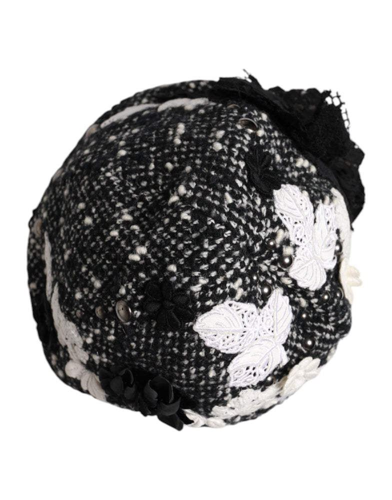 Dolce & Gabbana Black Wool White Floral Embellished Cloche Hat