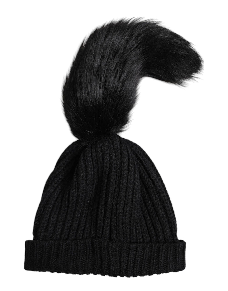 Dolce & Gabbana Black Acrylic Knitted Fur Winter Beanie Hat